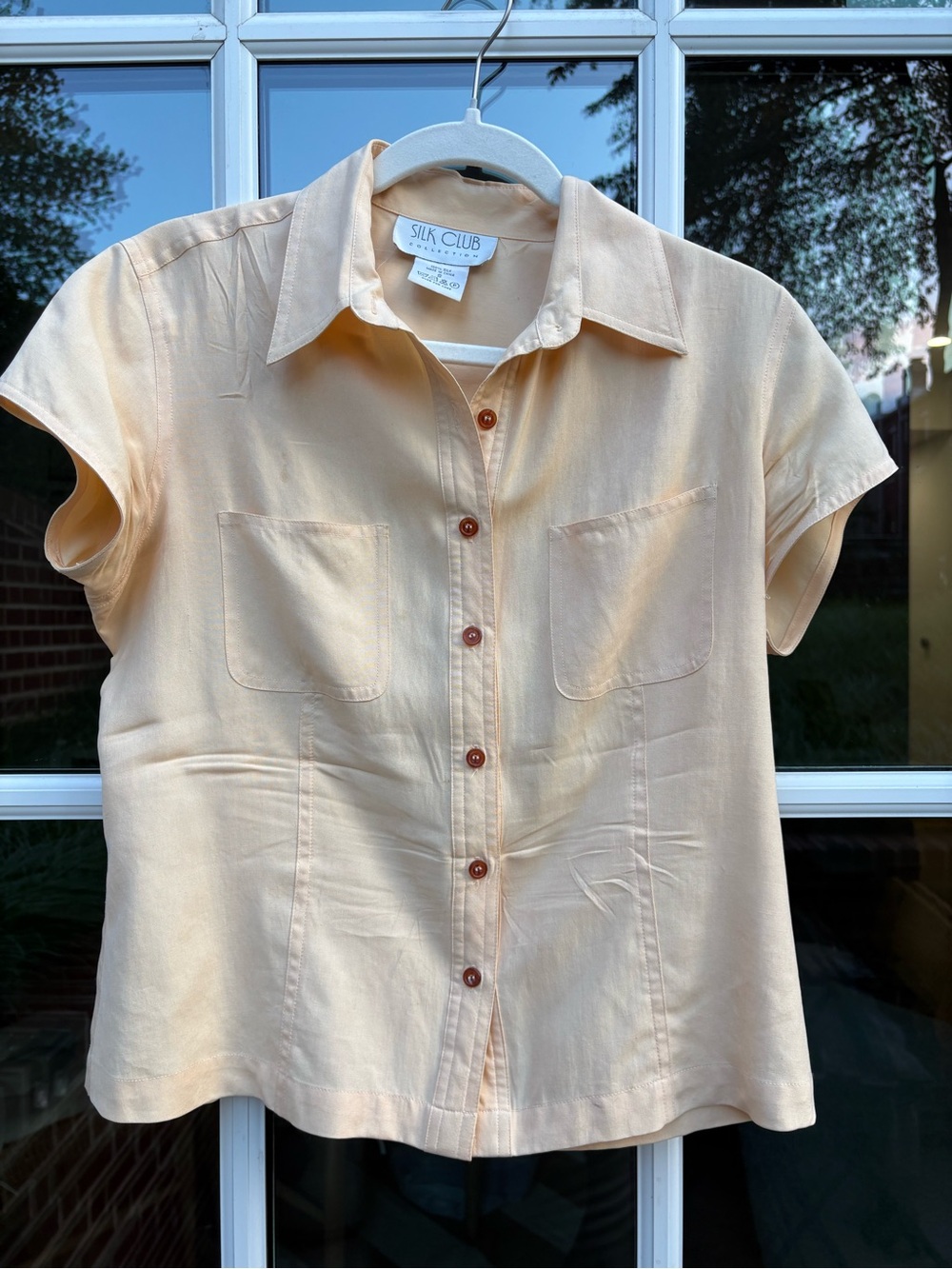 Silk Club Butter Yellow Silk Short Sleeve Button Front Blouse